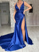 Deep V-neck Royal Blue Satin Mermaid Long Evening Prom Dresses, Custom Prom Dresses, YD0039