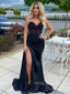 Sweetheart Black Satin Beaded Mermaid Long Evening Prom Dresses, Strapless Custom prom dresses, YD0041