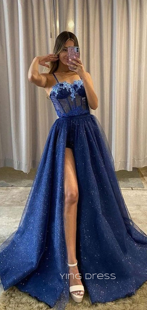 Sparkly A-line Royal Blue Tulle Appliques Long Evening Prom Dresses, High Slit Custom prom dresses, YD0042