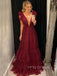 Deep V-neck Burgundy Tulle Long Evening Prom Dresses, A-line Custom prom dresses, YD0044