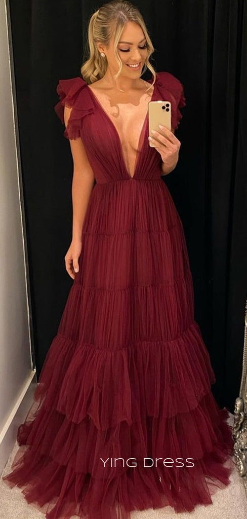 Deep V-neck Burgundy Tulle Long Evening Prom Dresses, A-line Custom prom dresses, YD0044