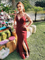 Burgundy Satin Mermaid Long Evening Prom Dresses, Side Slit Custom prom dresses, YD0045