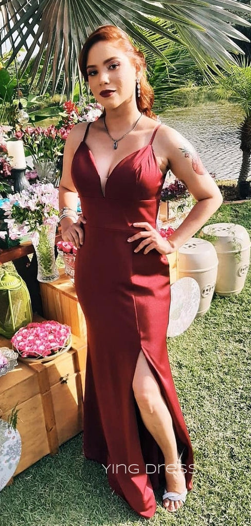 Burgundy Satin Mermaid Long Evening Prom Dresses, Side Slit Custom prom dresses, YD0045