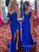 Spaghetti Straps RoyalBlue Satin Mermaid Long Evening Prom Dresses, V-neck Custom prom dresses, YD0047