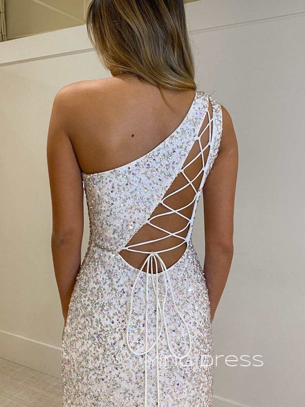 One Shoulder White Sequins Mermaid Long Evening Prom Dresses, Custom prom dresses, YD0049