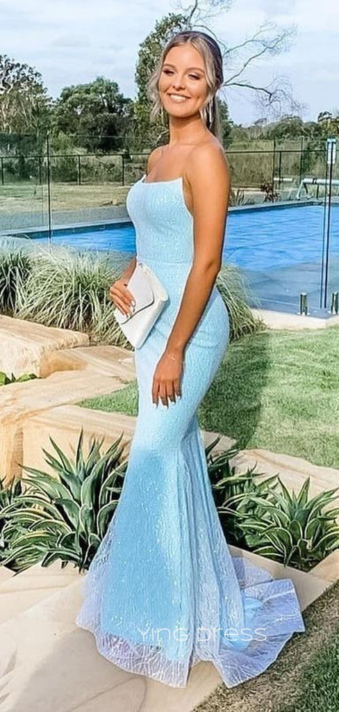 Sparkly Sky Blue Sequins Mermaid Long Evening Prom Dresses, Strapless Custom prom dresses, YD0050