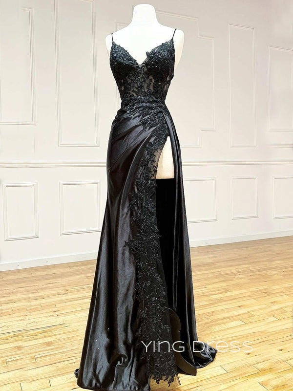 Unique Mermaid Black Satin Appliques Long Evening Prom Dresses, Custom prom dresses, YD0051