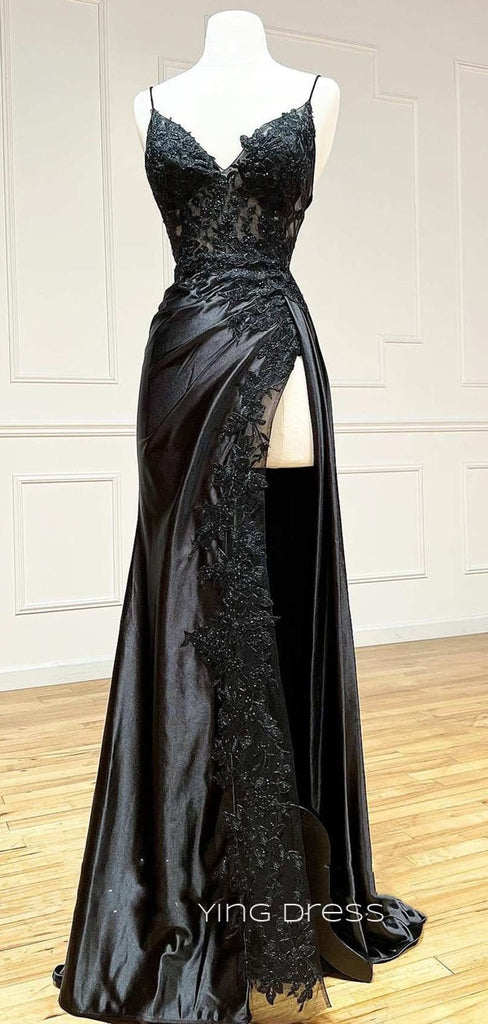 Unique Mermaid Black Satin Appliques Long Evening Prom Dresses, Custom prom dresses, YD0051