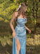 Blue Satin Spaghetti Straps Mermaid Long Evening Prom Dresses, Side Slit Custom prom dresses, YD0055