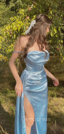 Blue Satin Spaghetti Straps Mermaid Long Evening Prom Dresses, Side Slit Custom prom dresses, YD0055