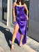 Simple Spaghetti Straps Purple Velvet Mermaid Long Evening Prom Dresses, Side Slit Custom prom dresses, YD0056