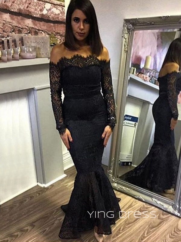 Off Shoulder Black Lace Long Sleeves Mermaid Long Evening Prom Dresses, Custom prom dresses, YD0057