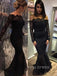 Off Shoulder Black Lace Long Sleeves Mermaid Long Evening Prom Dresses, Custom prom dresses, YD0057