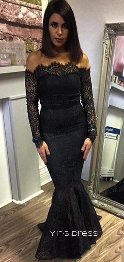 Off Shoulder Black Lace Long Sleeves Mermaid Long Evening Prom Dresses, Custom prom dresses, YD0057