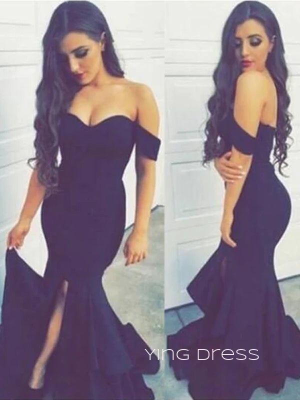 Sexy Mermaid Off Shulder Black Long Evening Prom Dresses, Custom Side Slit Prom Dresses, YD0060