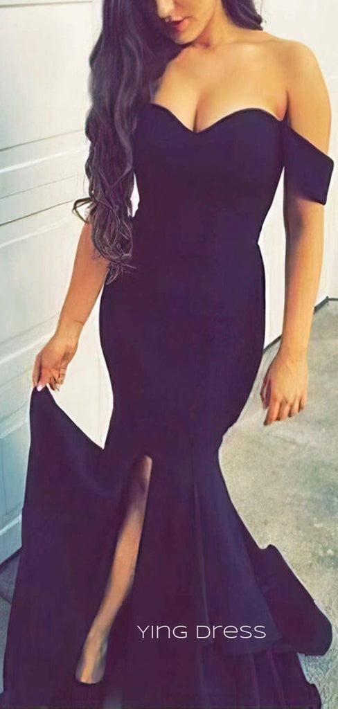 Sexy Mermaid Off Shulder Black Long Evening Prom Dresses, Custom Side Slit Prom Dresses, YD0060