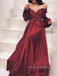 A-line Burgundy Satin Off Shoulder Long Sleeves Long Evening Prom Dresses, Custom Prom Dresses, YD0062