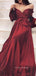 A-line Burgundy Satin Off Shoulder Long Sleeves Long Evening Prom Dresses, Custom Prom Dresses, YD0062