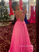 A-line Hot Pink Sequins V-neck Long Evening Prom Dresses, Custom prom dresses, YD0065