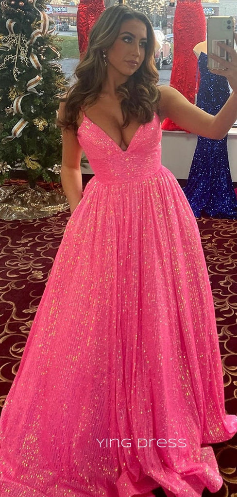 A-line Hot Pink Sequins V-neck Long Evening Prom Dresses, Custom prom dresses, YD0065