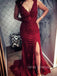 Mermaid Dark Red Tulle Appliques V-neck Long Evening Prom Dresses, Custom prom dresses, YD0066