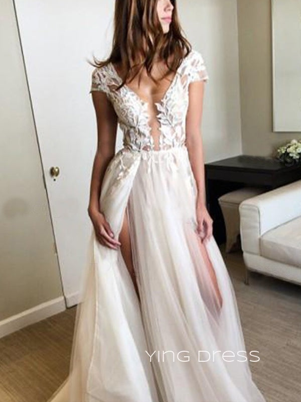 Deep V-neck Tulle Appliques A-line Long Evening Prom Dresses, Custom Prom Dresses, YD0068