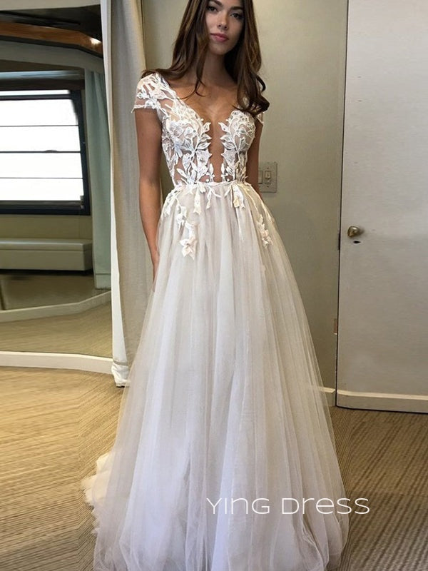 Deep V-neck Tulle Appliques A-line Long Evening Prom Dresses, Custom Prom Dresses, YD0068