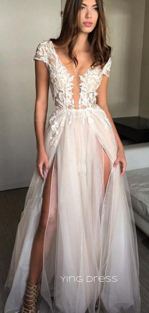 Deep V-neck Tulle Appliques A-line Long Evening Prom Dresses, Custom Prom Dresses, YD0068