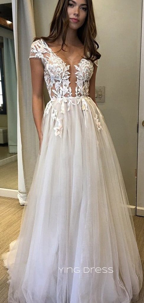 Deep V-neck Tulle Appliques A-line Long Evening Prom Dresses, Custom Prom Dresses, YD0068