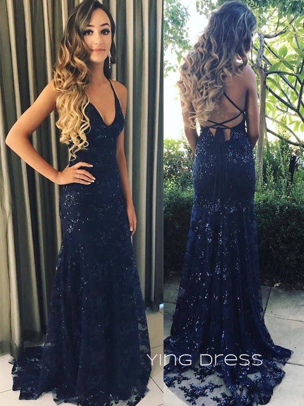 Navy Blue Tulle Appliques Mermaid Long Evening Prom Dresses, Custom Spaghetti Straps Cheap Prom Dresses, YD0071