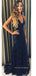 Navy Blue Tulle Appliques Mermaid Long Evening Prom Dresses, Custom Spaghetti Straps Cheap Prom Dresses, YD0071