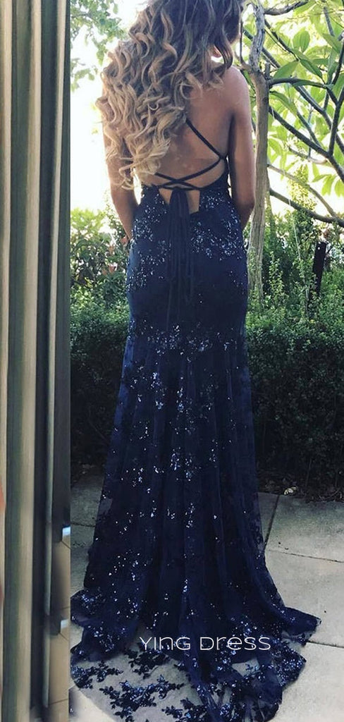 Navy Blue Tulle Appliques Mermaid Long Evening Prom Dresses, Custom Spaghetti Straps Cheap Prom Dresses, YD0071