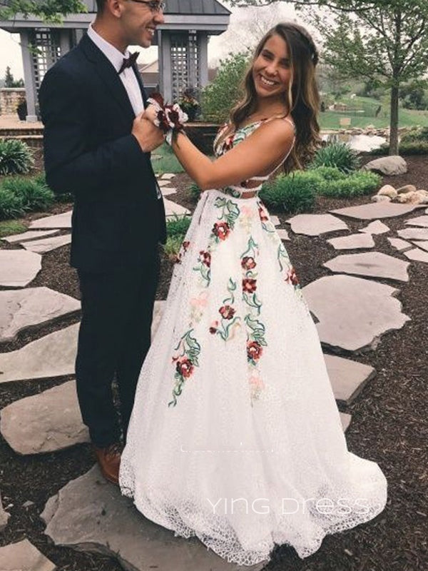 Sexy V-neck A-line White Tulle Appliques Long Evening Prom Dresses, Custom Cheap Prom Dresses, YD0074