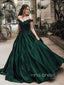 Formal Dark Green Satin Appliques Long Evening Prom Dresses, Custom Cheap Off Shoulder Prom Dresses, YD0075