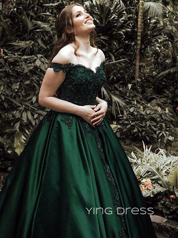 Formal Dark Green Satin Appliques Long Evening Prom Dresses, Custom Cheap Off Shoulder Prom Dresses, YD0075