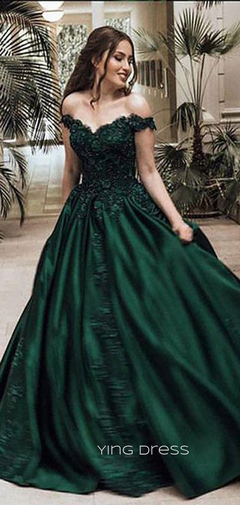 Formal Dark Green Satin Appliques Long Evening Prom Dresses, Custom Cheap Off Shoulder Prom Dresses, YD0075