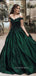 Formal Dark Green Satin Appliques Long Evening Prom Dresses, Custom Cheap Off Shoulder Prom Dresses, YD0075