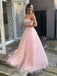 Morden Pink Tulle Appliques A-line Long Evening Prom Dresses, Custom Cheap Strapless Prom Dresses, YD0076