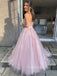 Morden Pink Tulle Appliques A-line Long Evening Prom Dresses, Custom Cheap Strapless Prom Dresses, YD0076