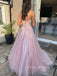 Morden Pink Tulle Appliques A-line Long Evening Prom Dresses, Custom Cheap Strapless Prom Dresses, YD0076