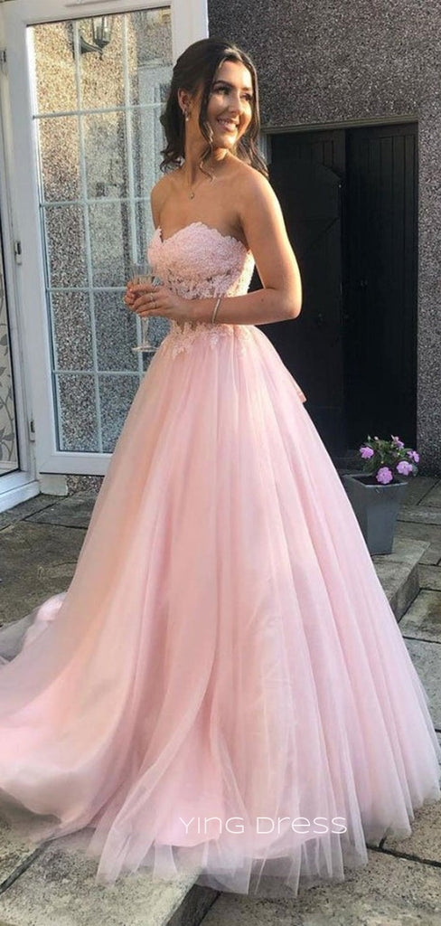 Morden Pink Tulle Appliques A-line Long Evening Prom Dresses, Custom Cheap Strapless Prom Dresses, YD0076