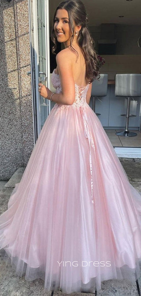 Morden Pink Tulle Appliques A-line Long Evening Prom Dresses, Custom Cheap Strapless Prom Dresses, YD0076