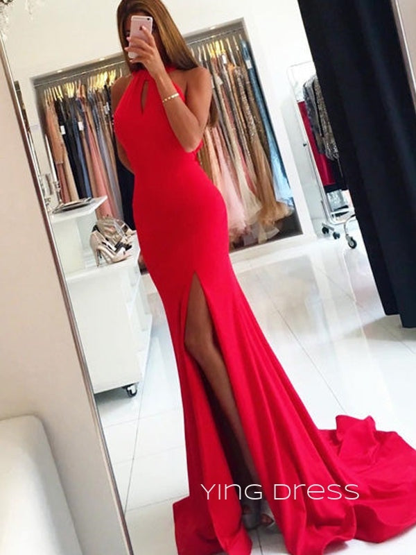 Unique Mermaid Halter High Slit Long Evening Prom Dresses, Custom Cheap Prom Dresses, YD0077