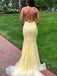 Mermaid Yellow Tulle Appliques Long Evening Prom Dresses, Custom Spaghetti Straps Prom Dresses, YD0080