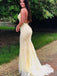 Mermaid Yellow Tulle Appliques Long Evening Prom Dresses, Custom Spaghetti Straps Prom Dresses, YD0080