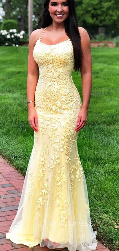 Mermaid Yellow Tulle Appliques Long Evening Prom Dresses, Custom Spaghetti Straps Prom Dresses, YD0080