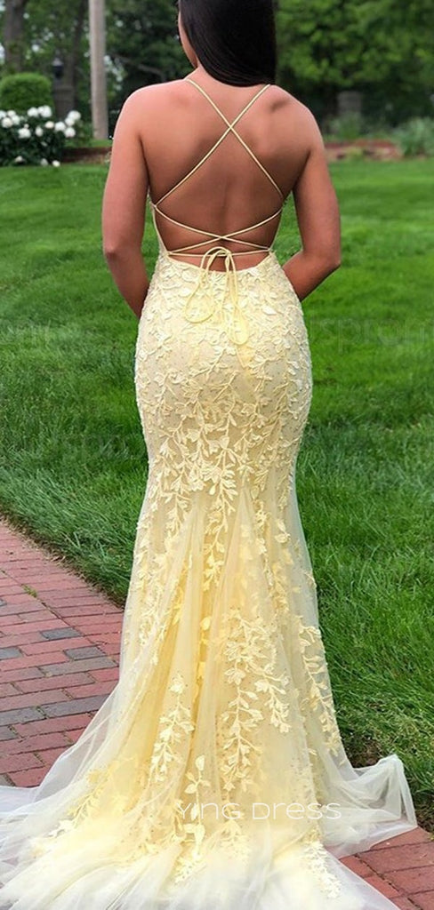 Mermaid Yellow Tulle Appliques Long Evening Prom Dresses, Custom Spaghetti Straps Prom Dresses, YD0080