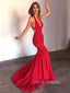 Sexy Backless Red Mermaid Long Evening Prom Dresses, Custom V-neck Prom Dresses, YD0081