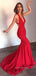 Sexy Backless Red Mermaid Long Evening Prom Dresses, Custom V-neck Prom Dresses, YD0081