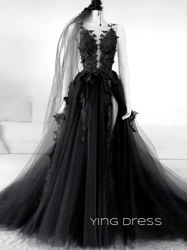 Formal A-line Black Tulle Appliques Long Evening Prom Dresses, Custom V-neck Prom Dresses, YD0085